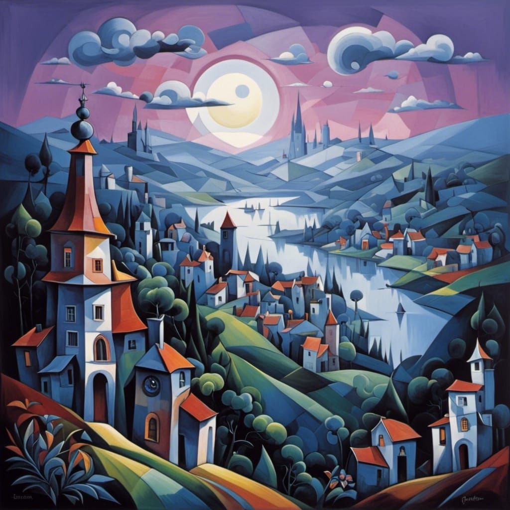Whimsical Village Scenes in Cubist Art Style