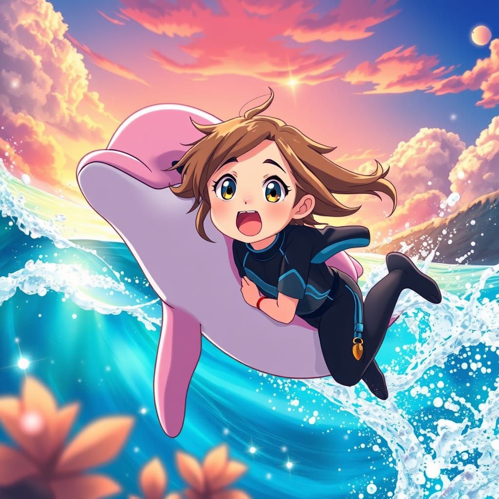 Anime Girl Rides Pink Dolphin at Sunset