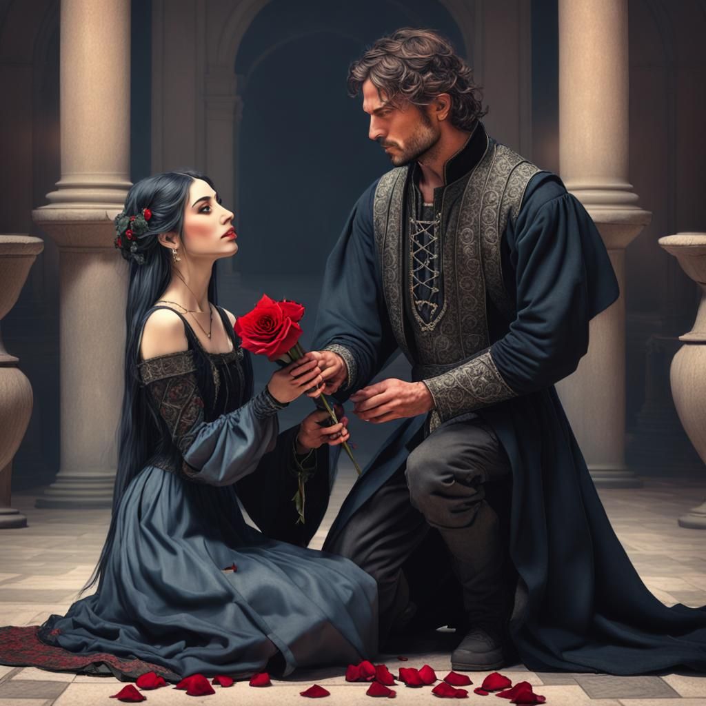 Renaissance Youth Offers Rose to Enchanting Maiden in Intrig...