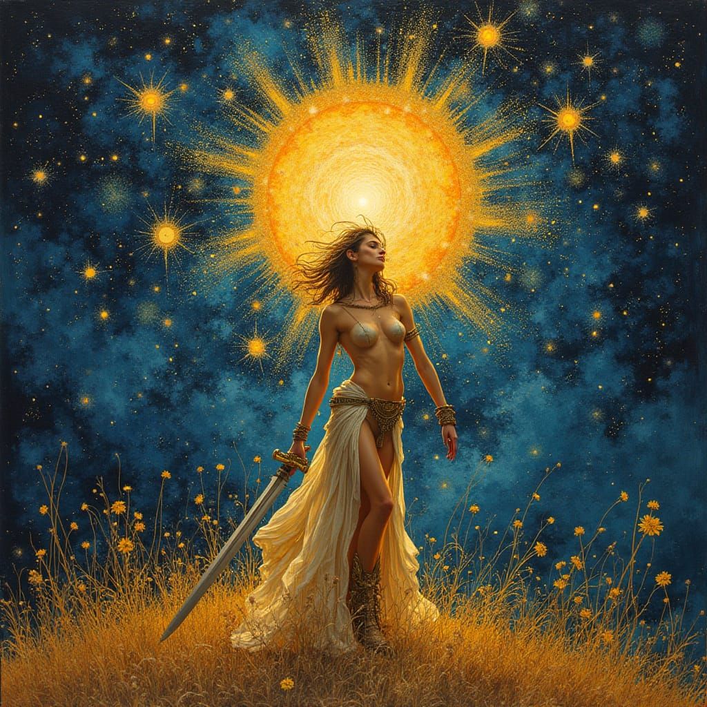 Starry Night Cosmic Warrior in Expressionist Fantasy
