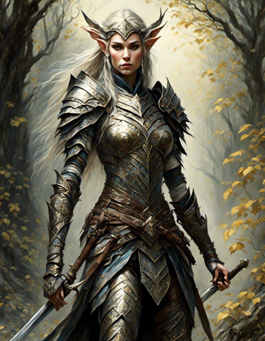 Hyperrealistic Elven Warrior Standing Sentry in Forest