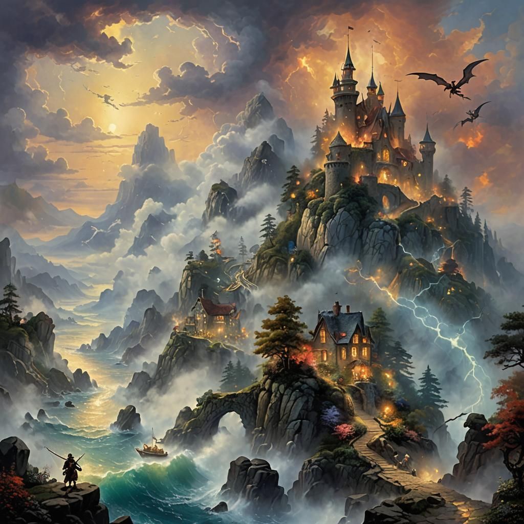 Ethereal Fantasy Maiden Rides Dragon in Fiery Misty Realm