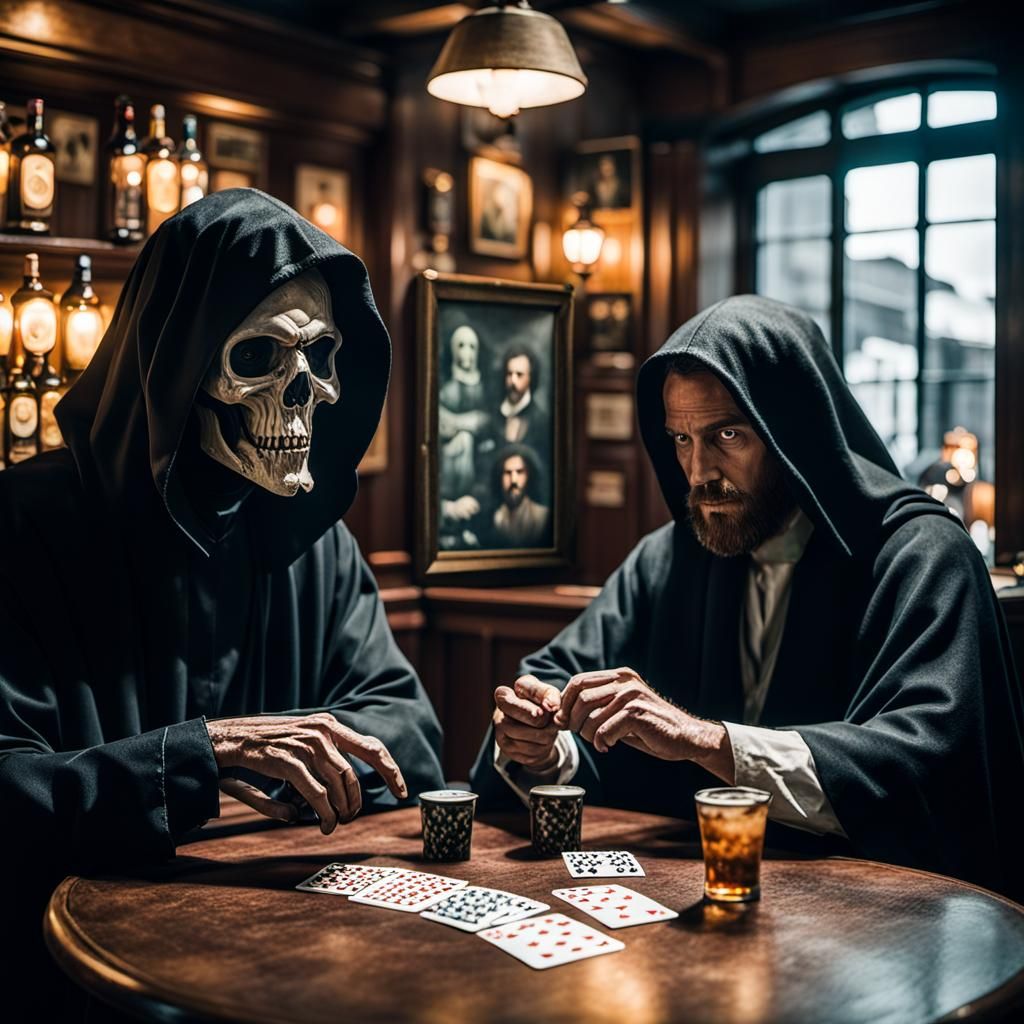 Grim Reaper and Jesus Christ in a Cinematic Pub Scene