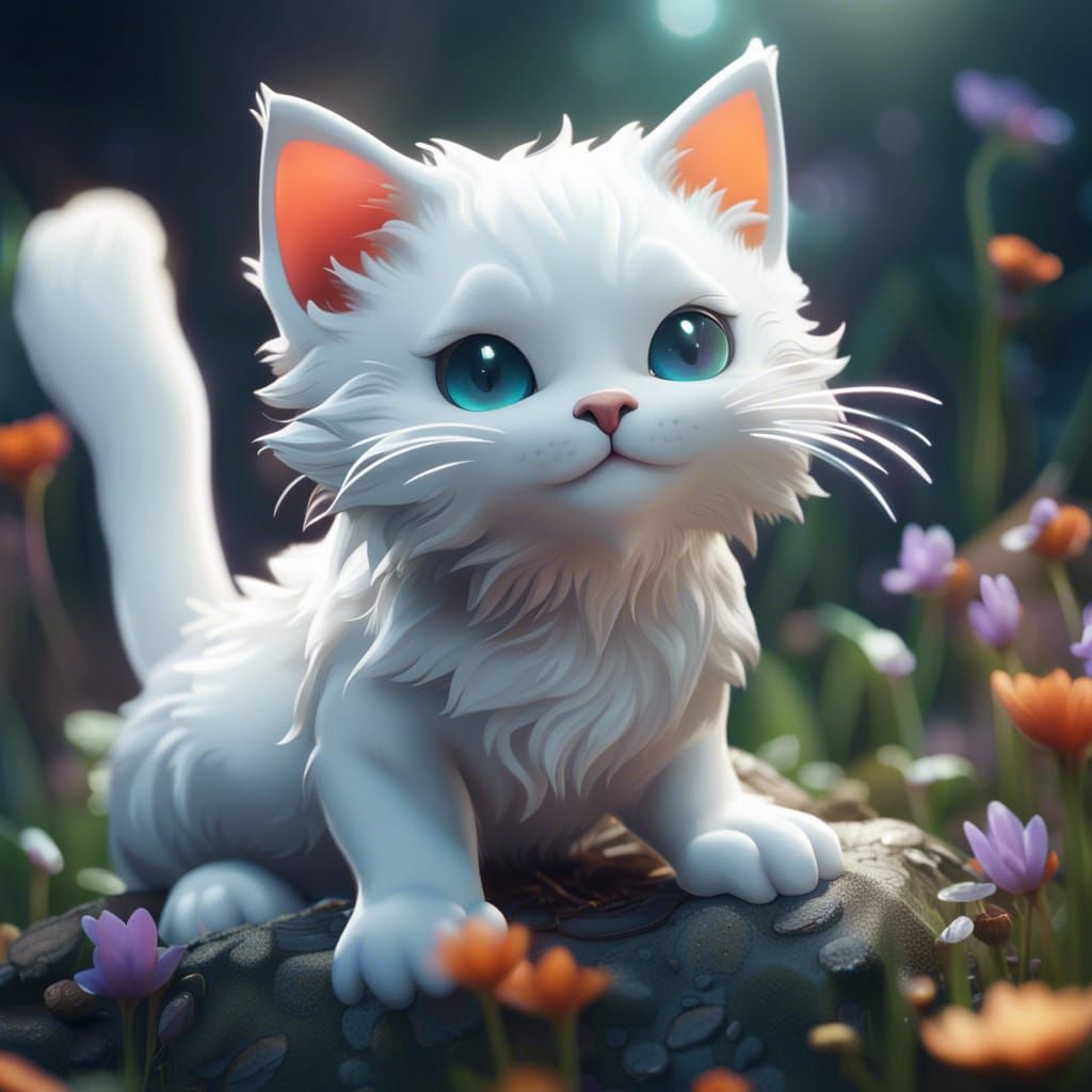 Whimsical White Feline in Enchanted Landscapes