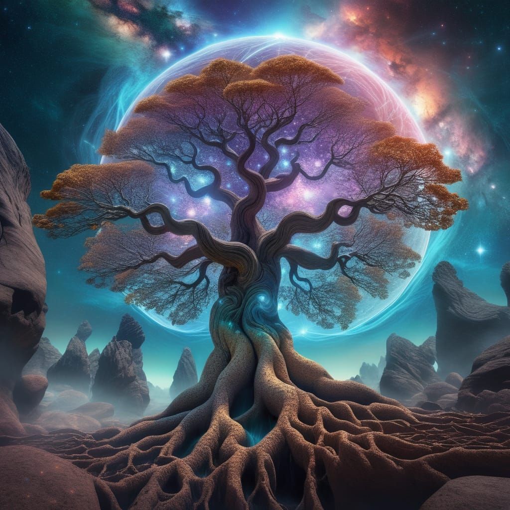 Ancestral Tree on Flying Rock with Nebula Background