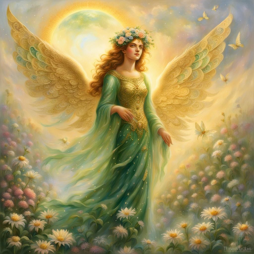 Ethereal Fantasy Goddess with Wings and Flowers in Golden Li...