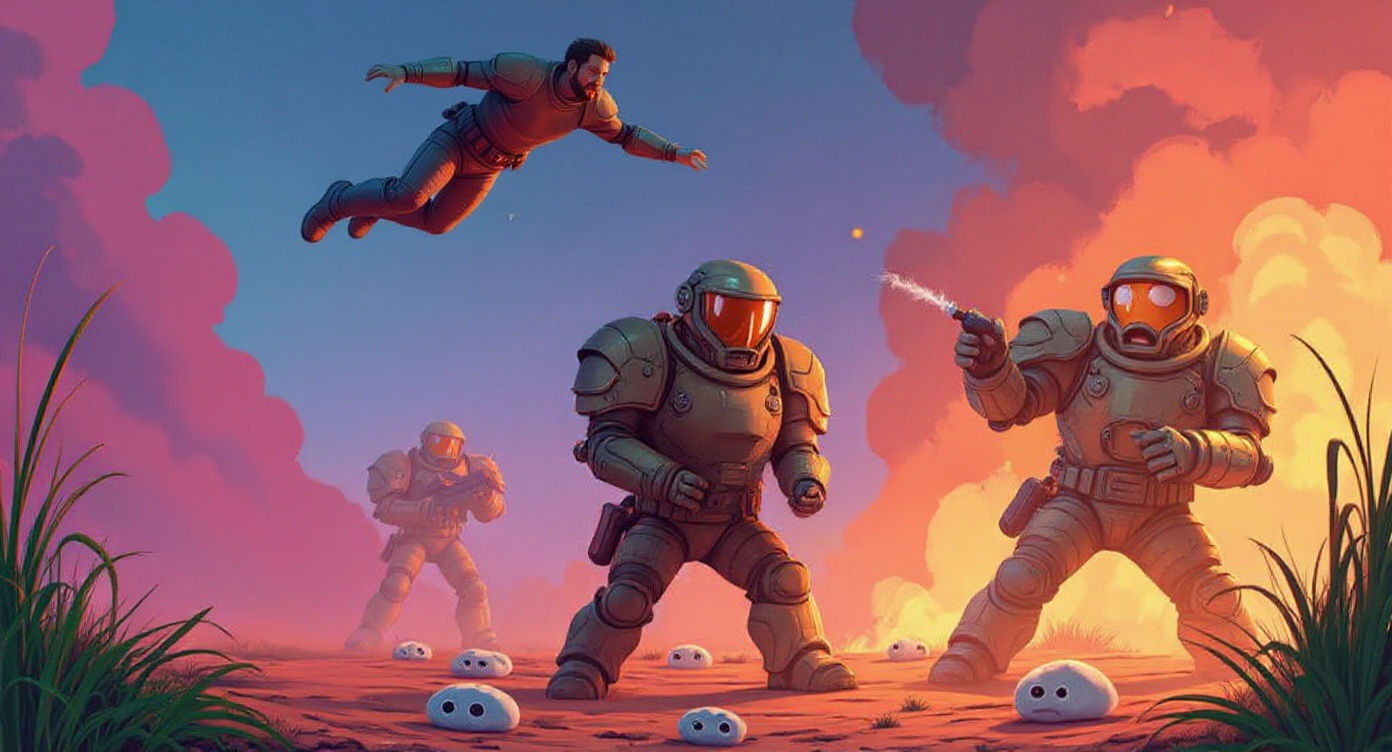 Cartoon Helldivers Scene on Alien Battlefield