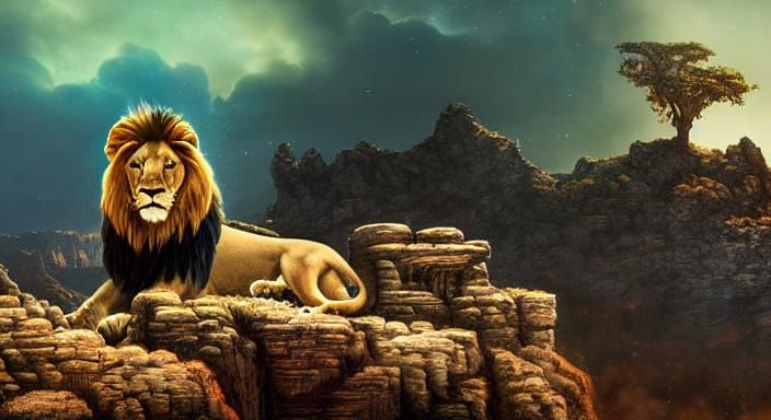 Starlight Lion Overlooking Nebula Sky, Digital Art