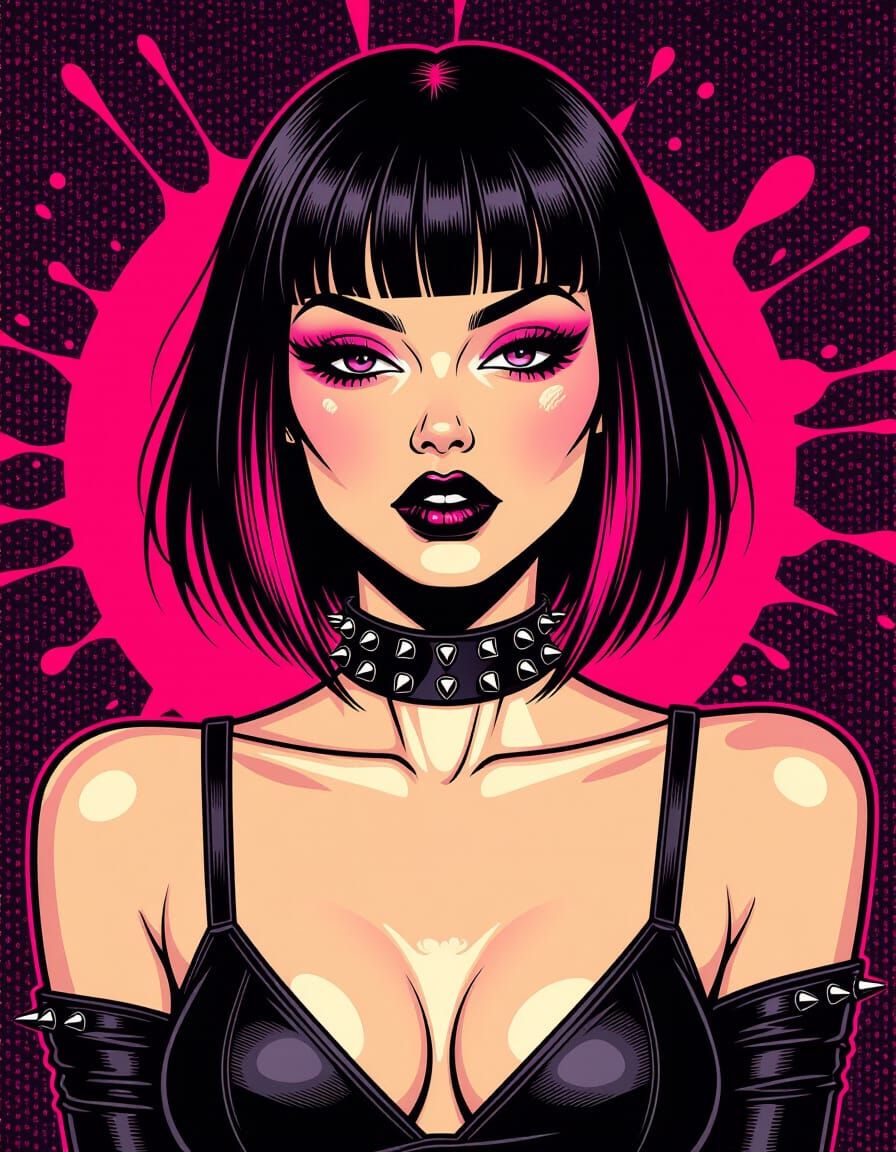 Punk Girl with Pink Streaks in Pin-Up Style