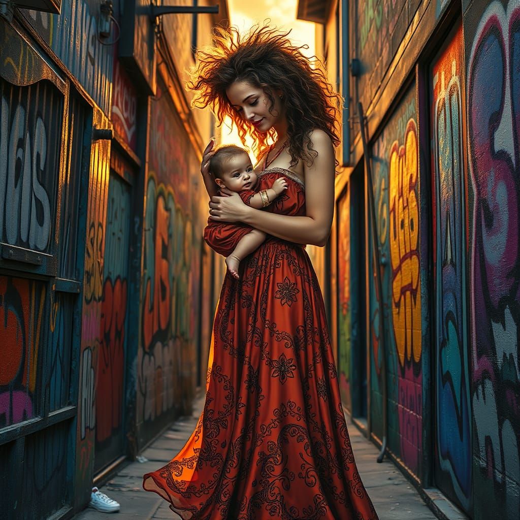 Motherly Figure in Vibrant Urban Alleyway
