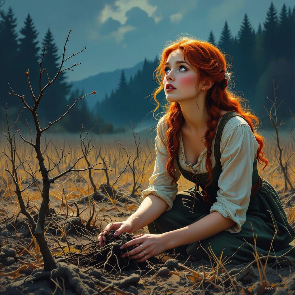 Startled Peasant Woman in Scorched Field, High Fantasy Art