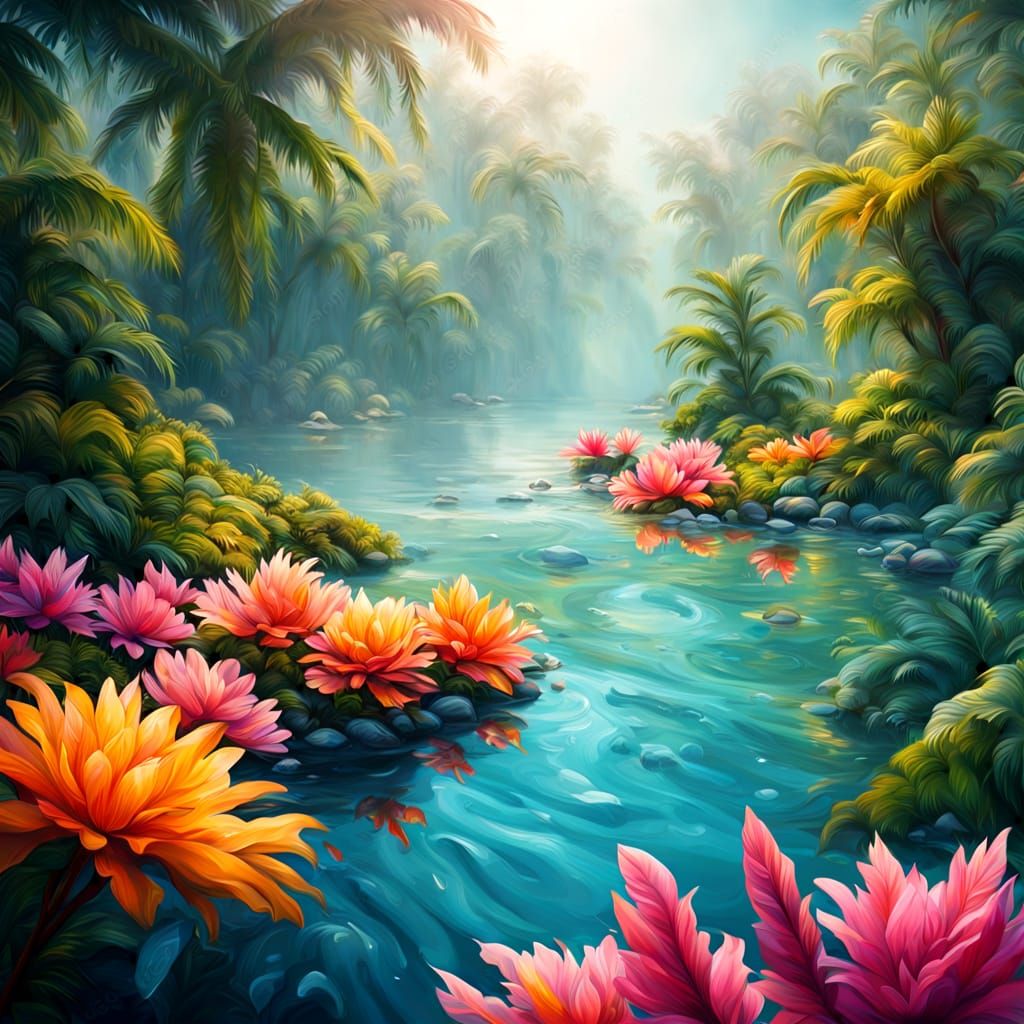 Lush Tropical Paradise in Vibrant Oil Painting Style