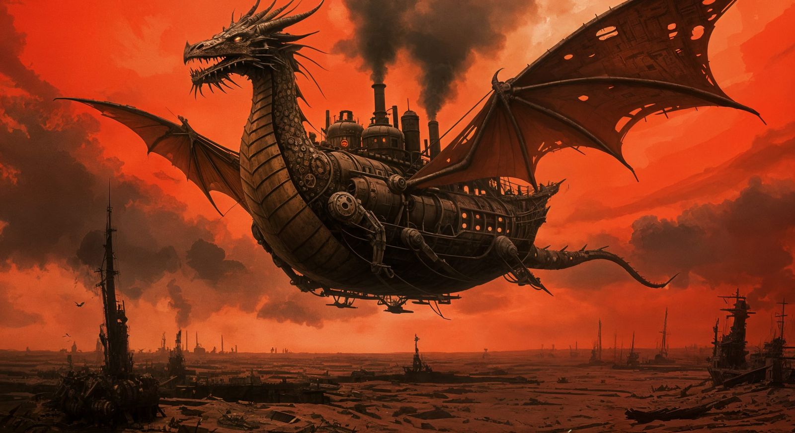 Steampunk Dragon Airship Soaring Above Wasteland