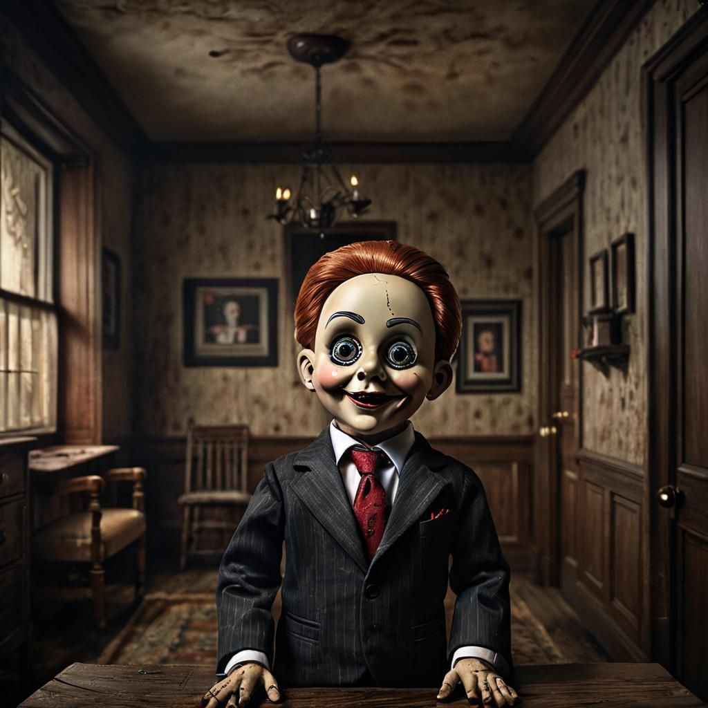 Atmospheric Ventriloquist Horror Poster in Hyperrealistic HD...