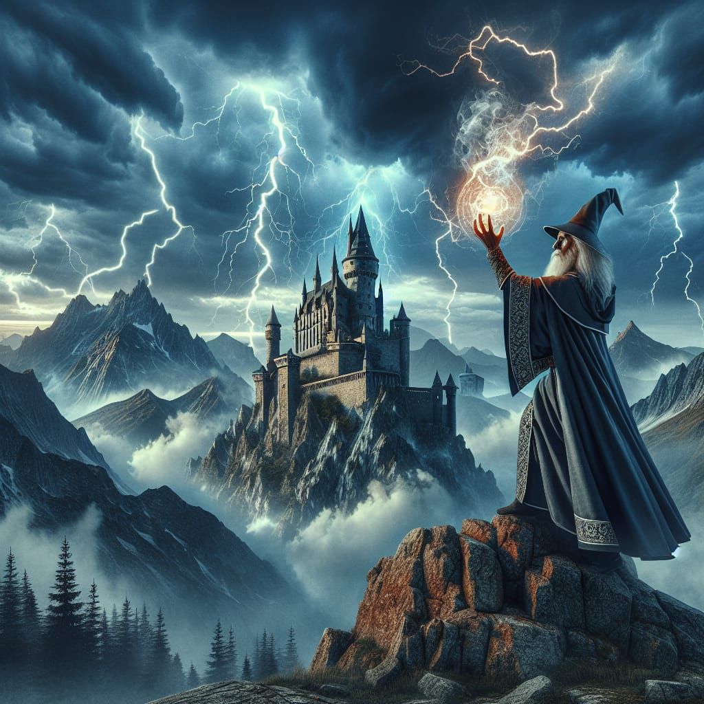 Ethereal Wizard Conquers Stormy Mountain Castle