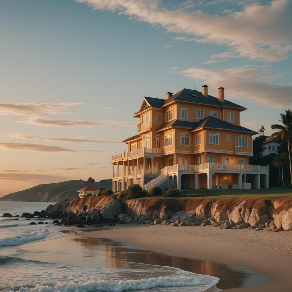 Cinematic House with Ocean View, Warm Golden Light
