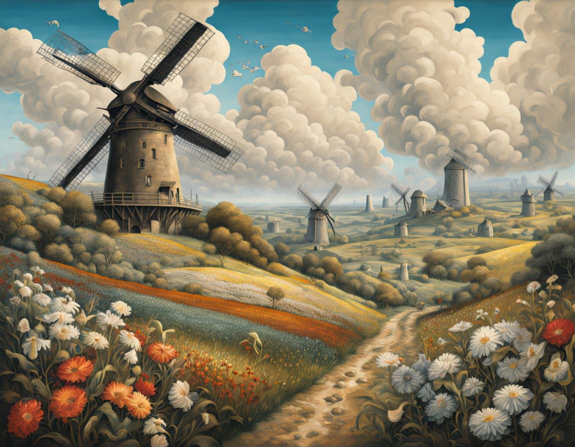 Surreal Romantic Landscape Oil Painting with Windmills