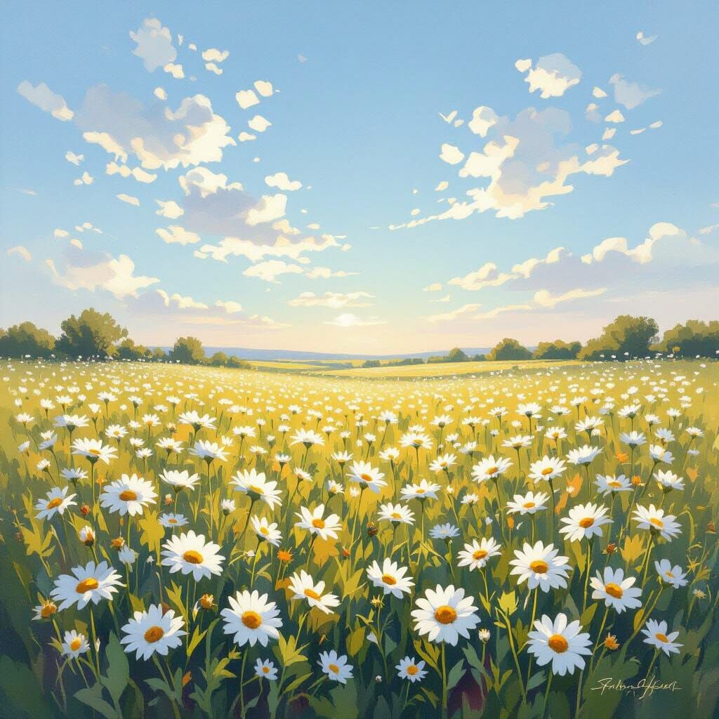 Serene Daisy Field Under Golden Hour Sky, Impressionist Oil ...