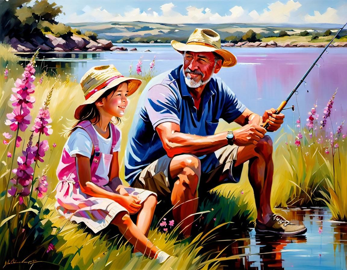 Vibrant Oil Painting of Father's Joyful Moment with Children