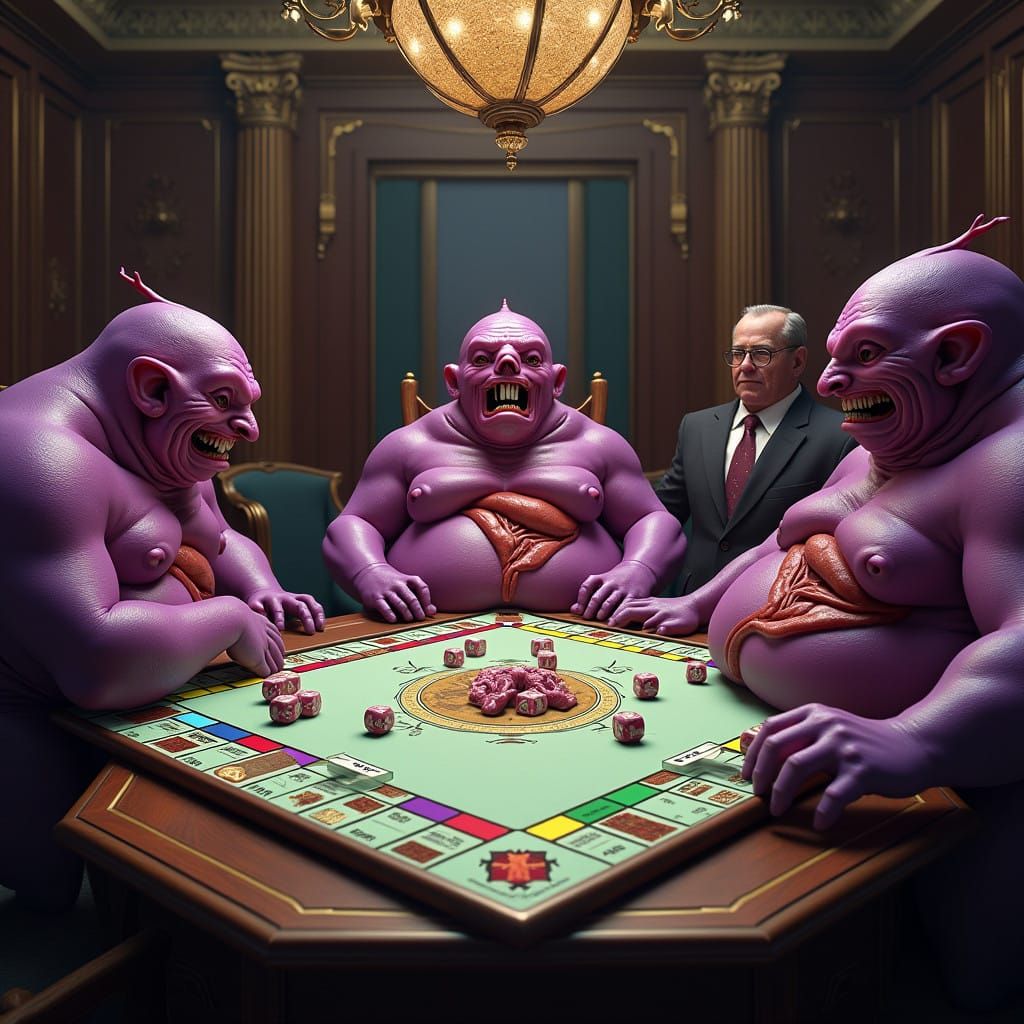 Whimsical Monopoly Scene with Twisted Humanoids