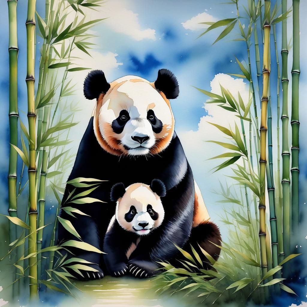 Mother and Baby Panda in Serene Pastel Watercolor Scene