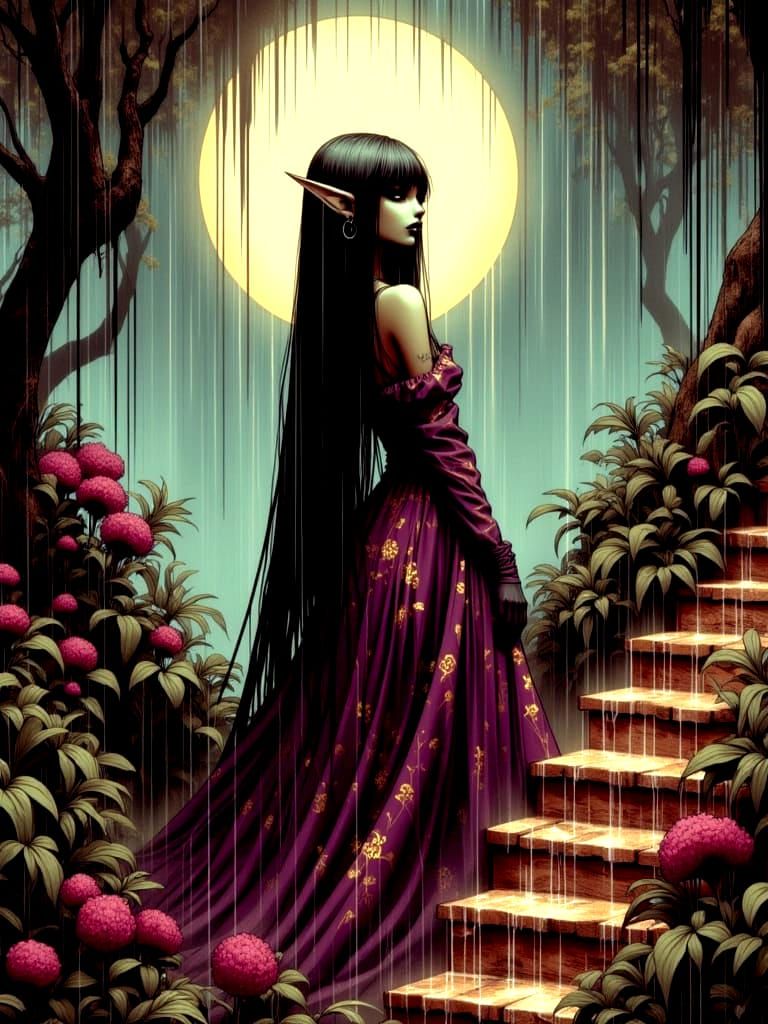 Elegant Elf in Flowing Dress in Moonlit Forest