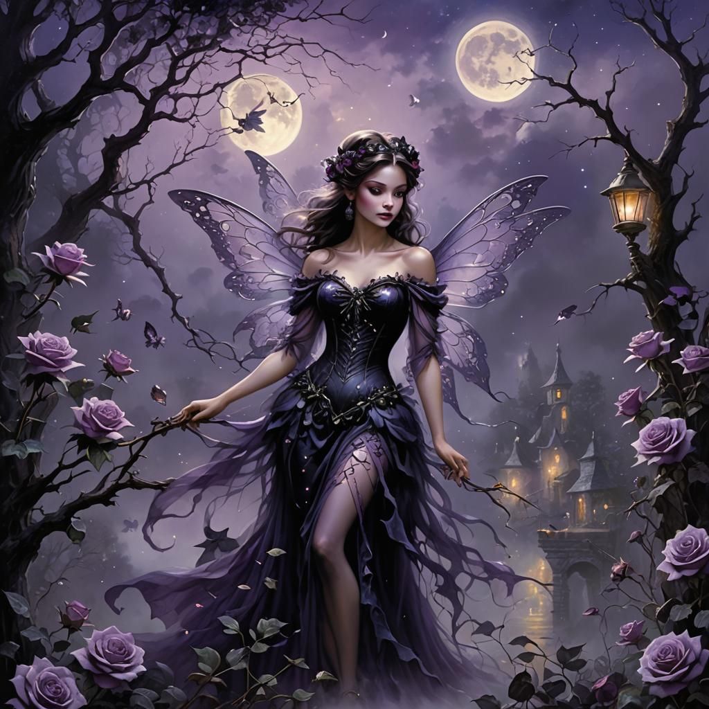 Moonlit Purple Fairy amidst Black Roses in Ethereal Fantasy