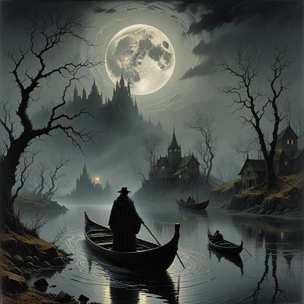 Death Guides Boat Across Styx in Ethereal Moonlight
