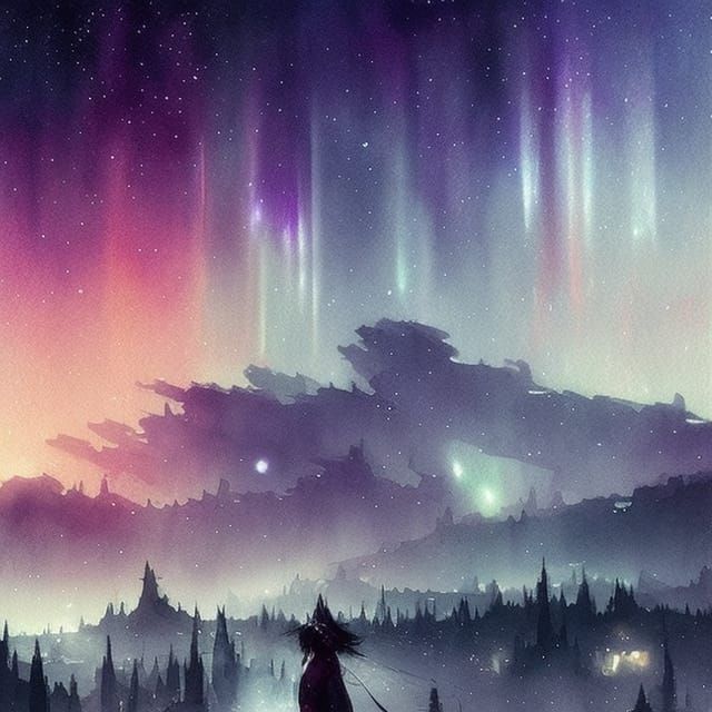 Twilight Village Underneath the Stars in Watercolor