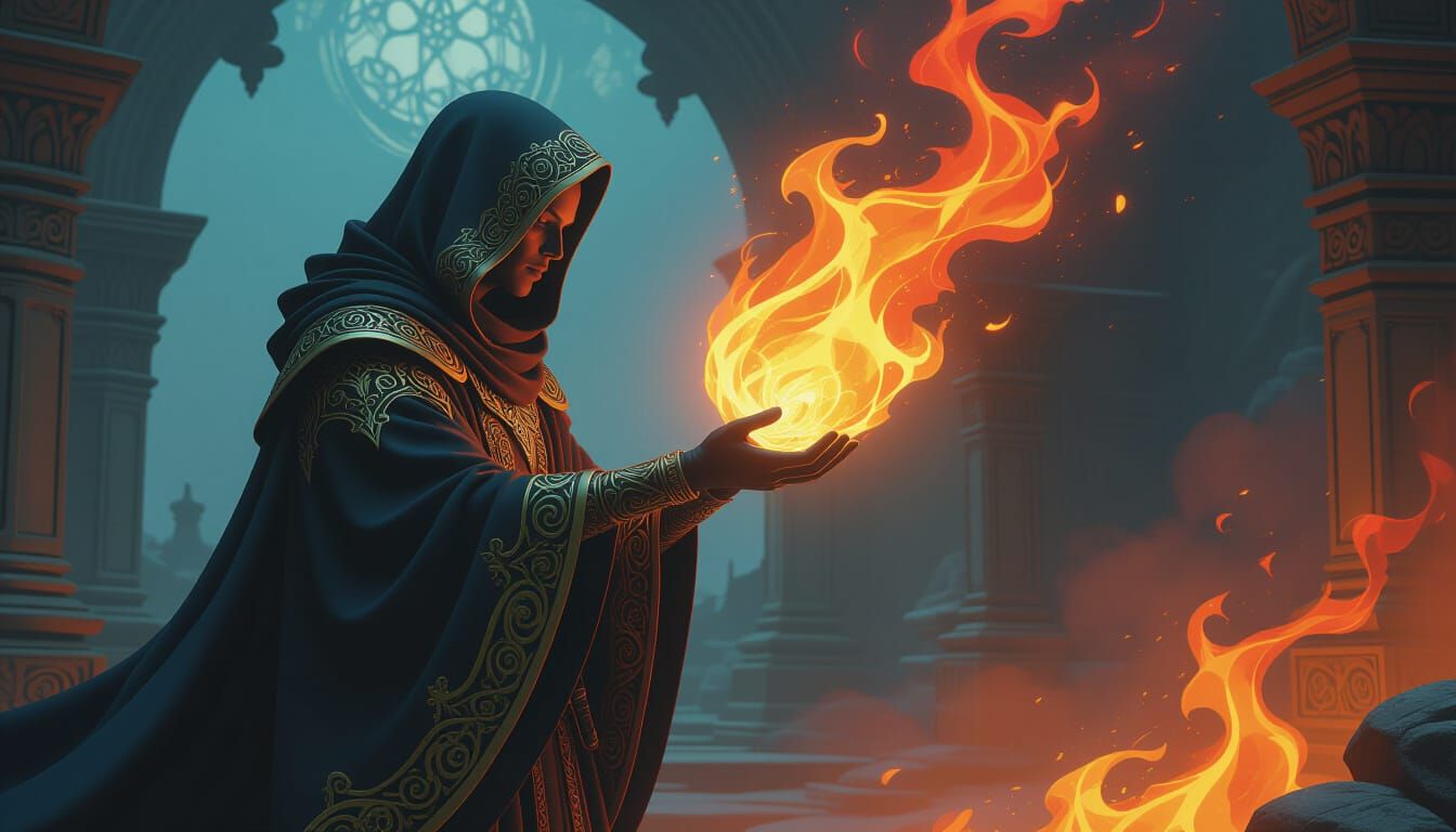 Mystical Figure Holds Flame in Fantasy Realm