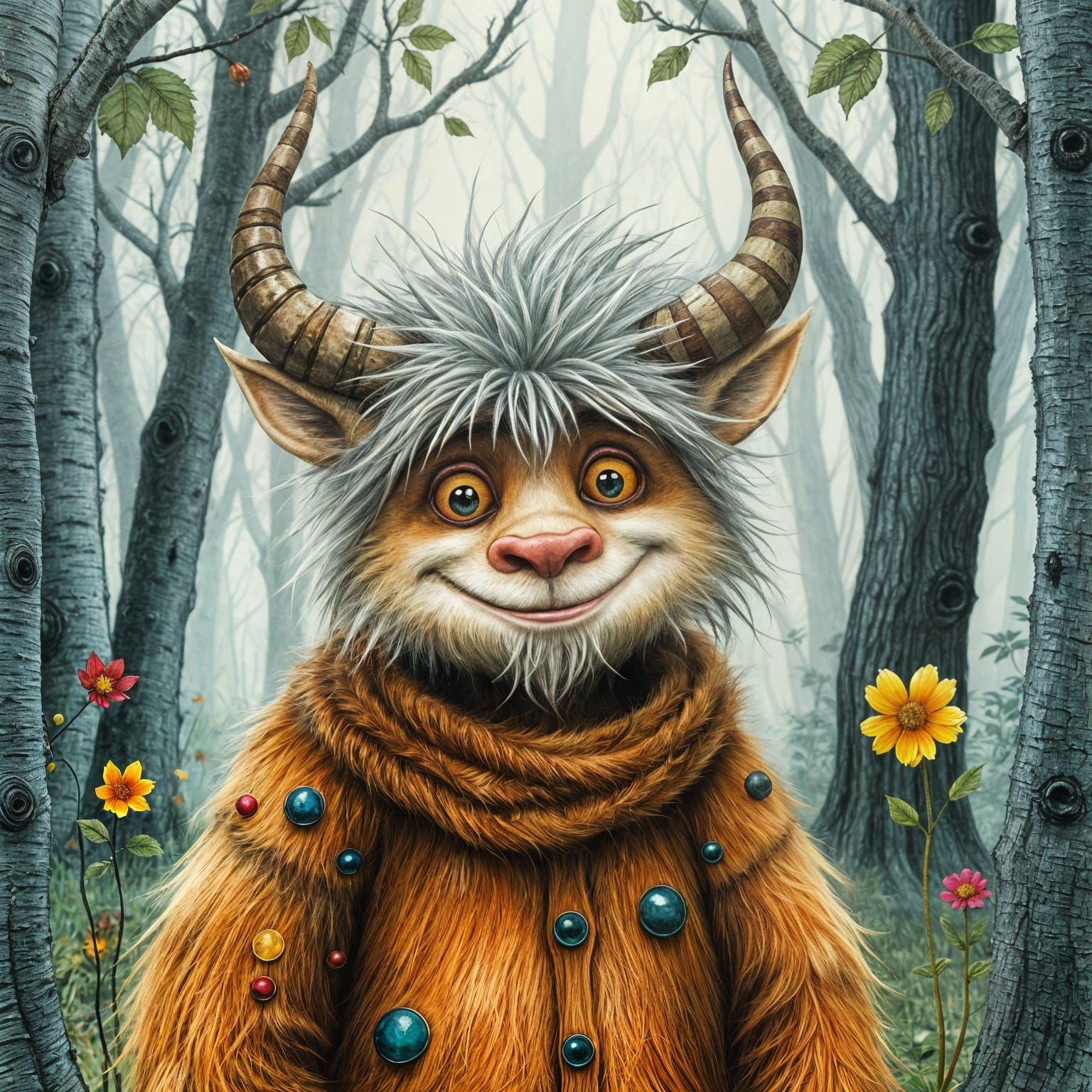 Friendly Furry Creature in Whimsical Forest Illustration