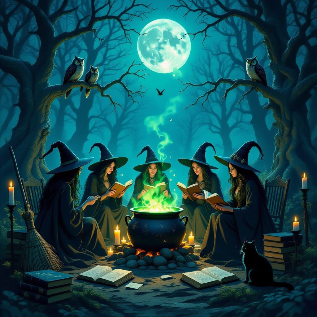 Moonlit Witch Coven in Ancient Forest