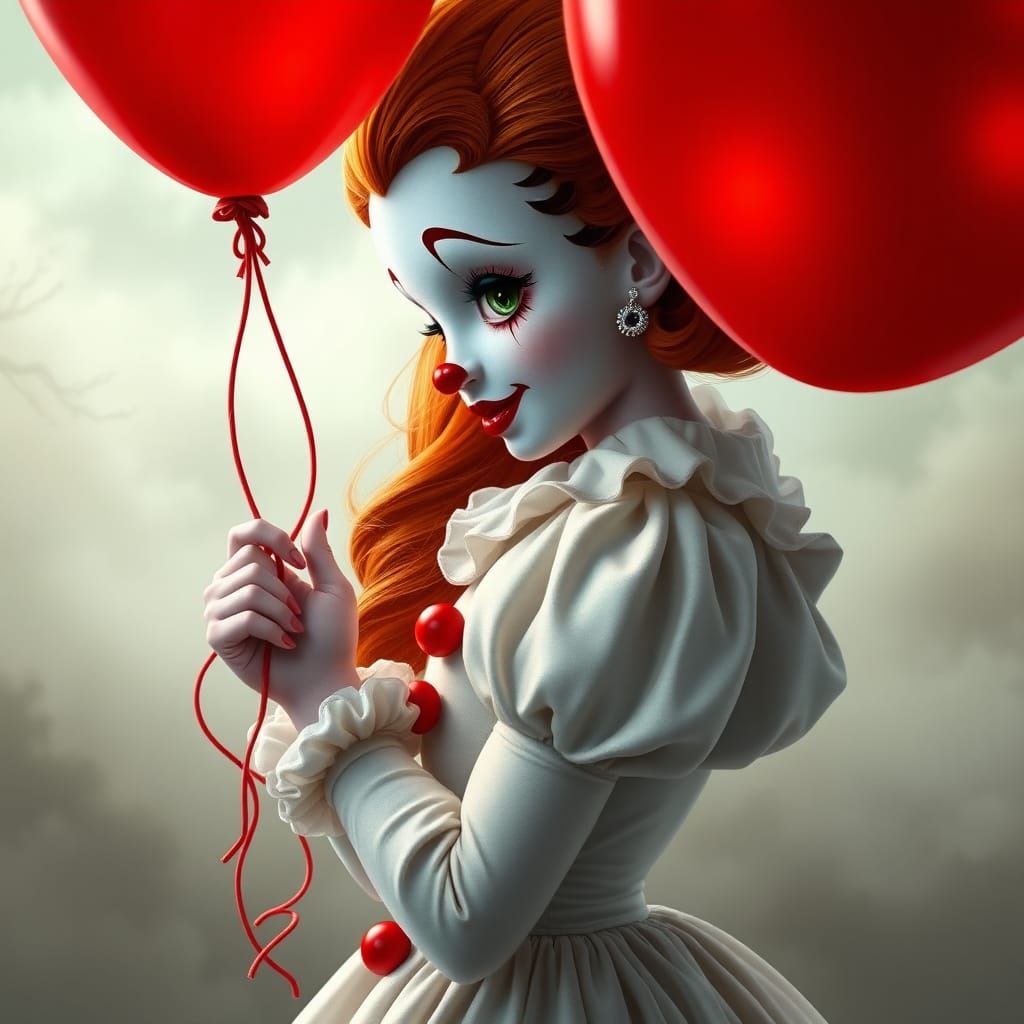 Surreal Cartoon Clown Girl Embracing Dark Fantasy