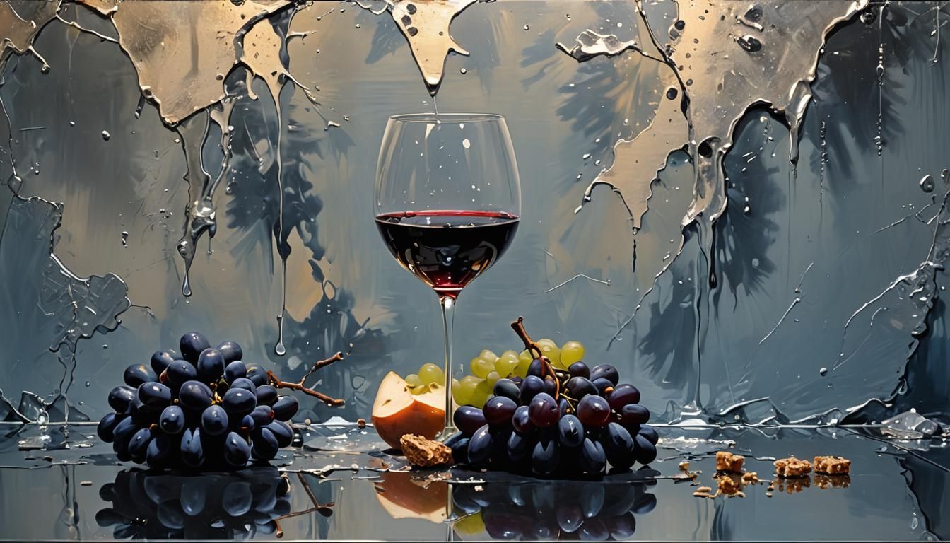 Surreal Chrome Wine Glasses in Oil Painting Style