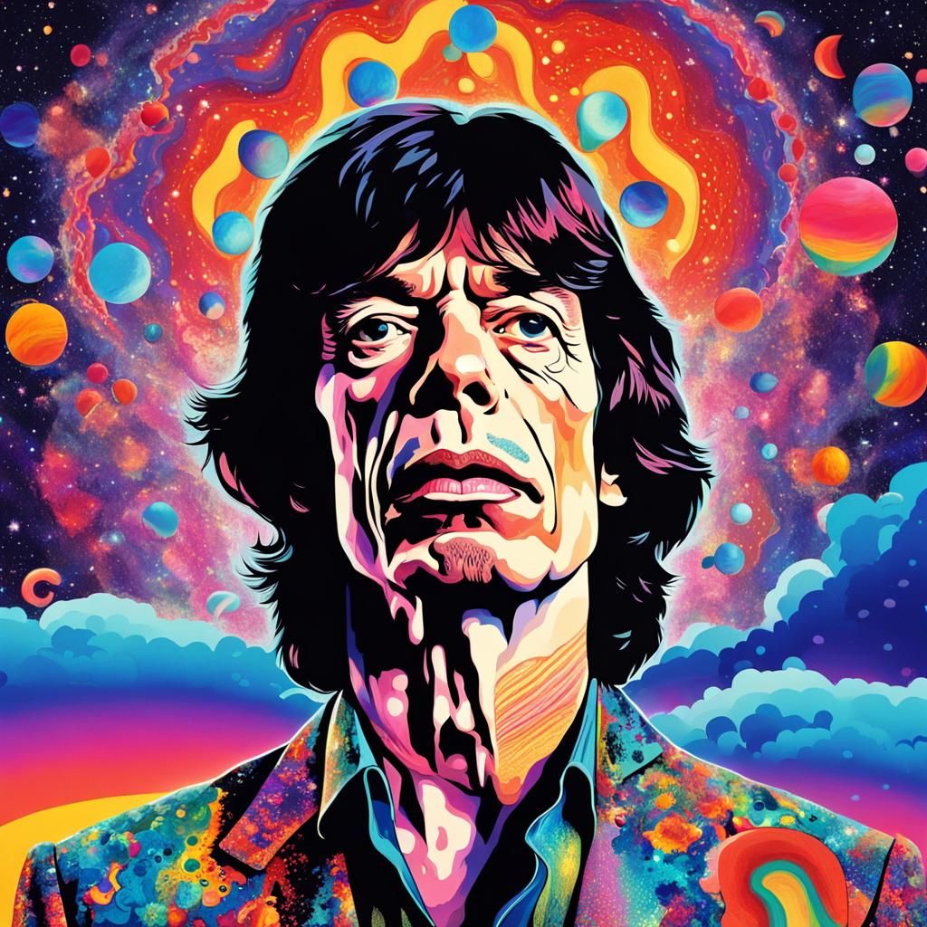 Rock Icon Surrounded by Psychedelic Shapes in Cosmic Hologra...