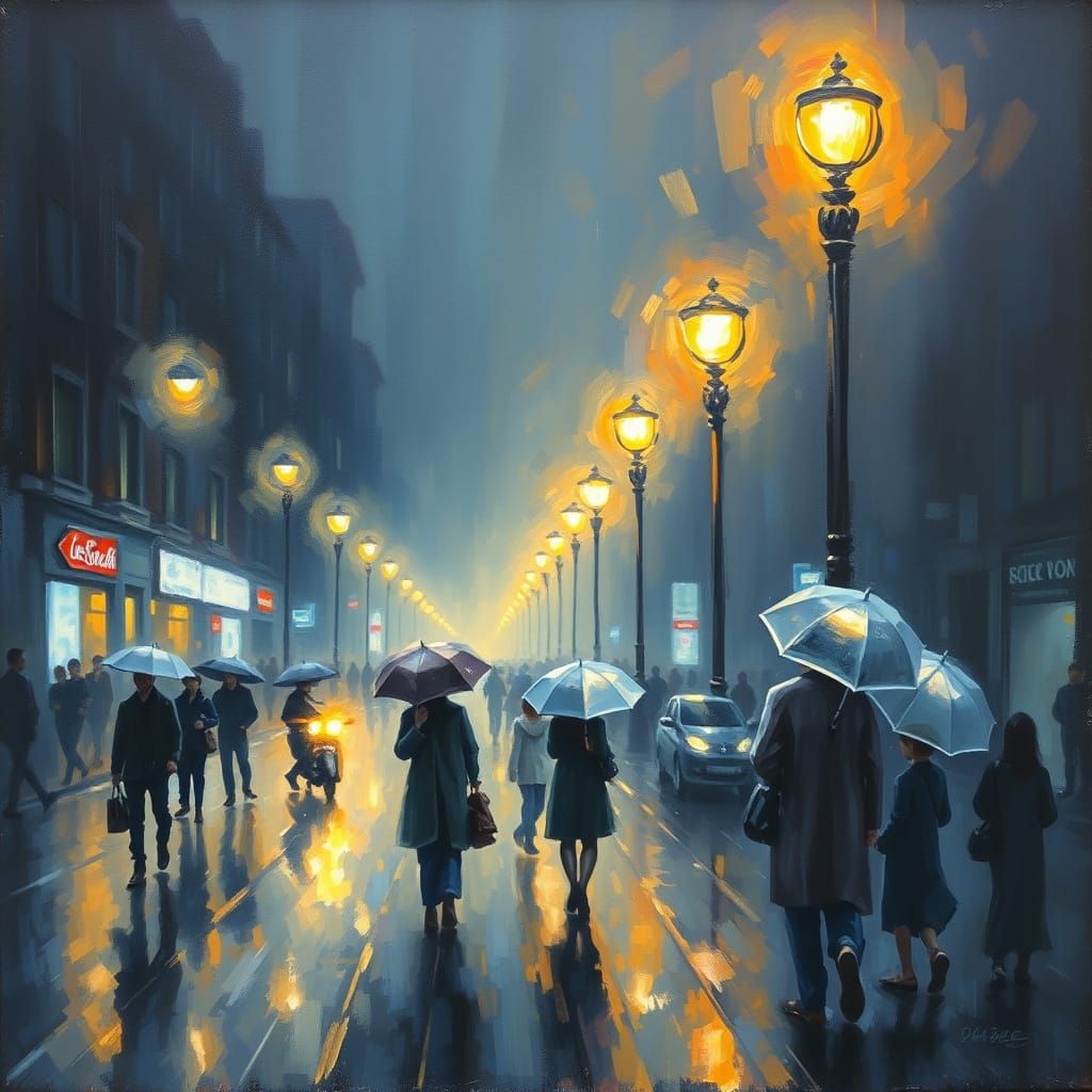 Rainy City Night Scene in Impressionist Oil