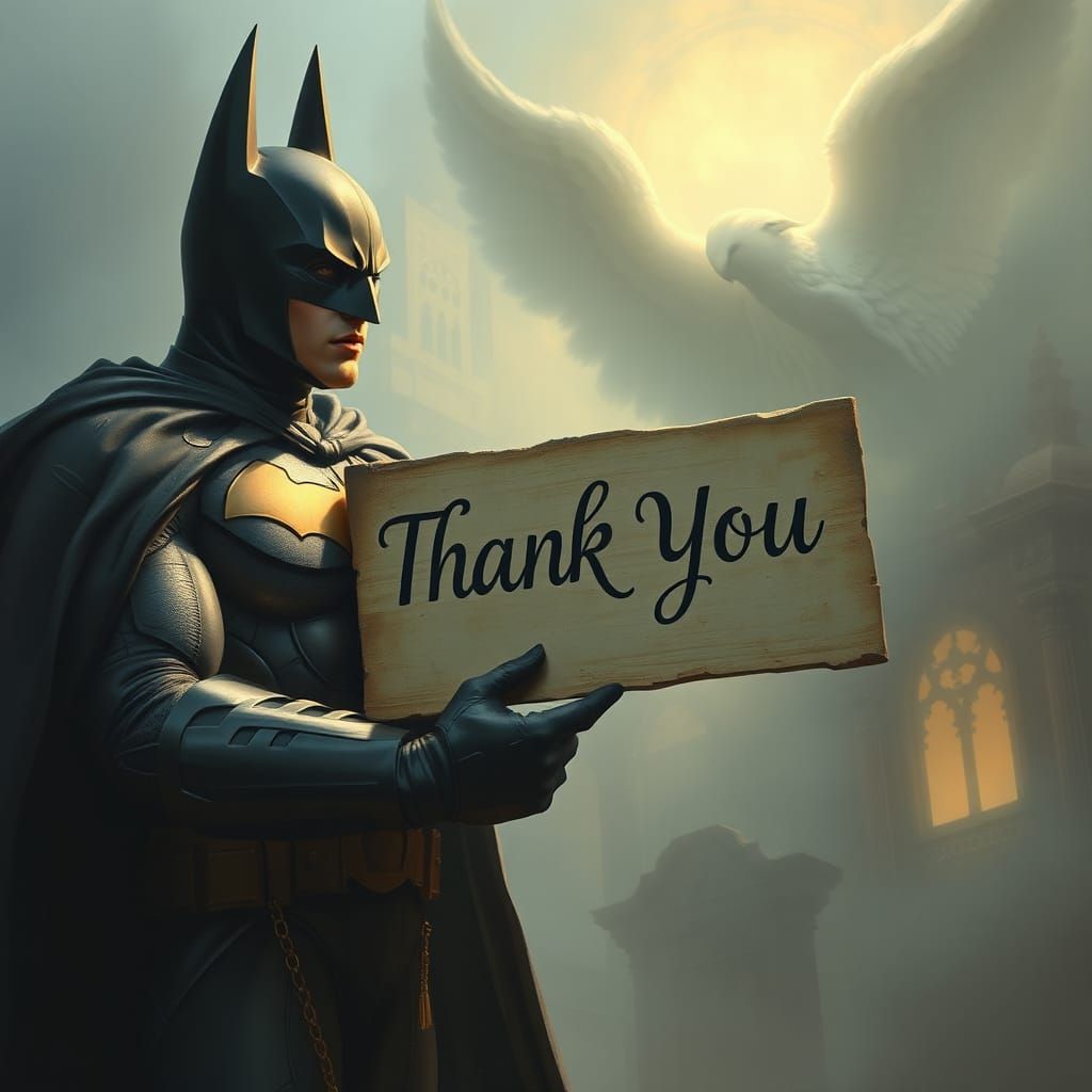 Batman in Ethereal Fantasy Landscape with Gratitude Sign