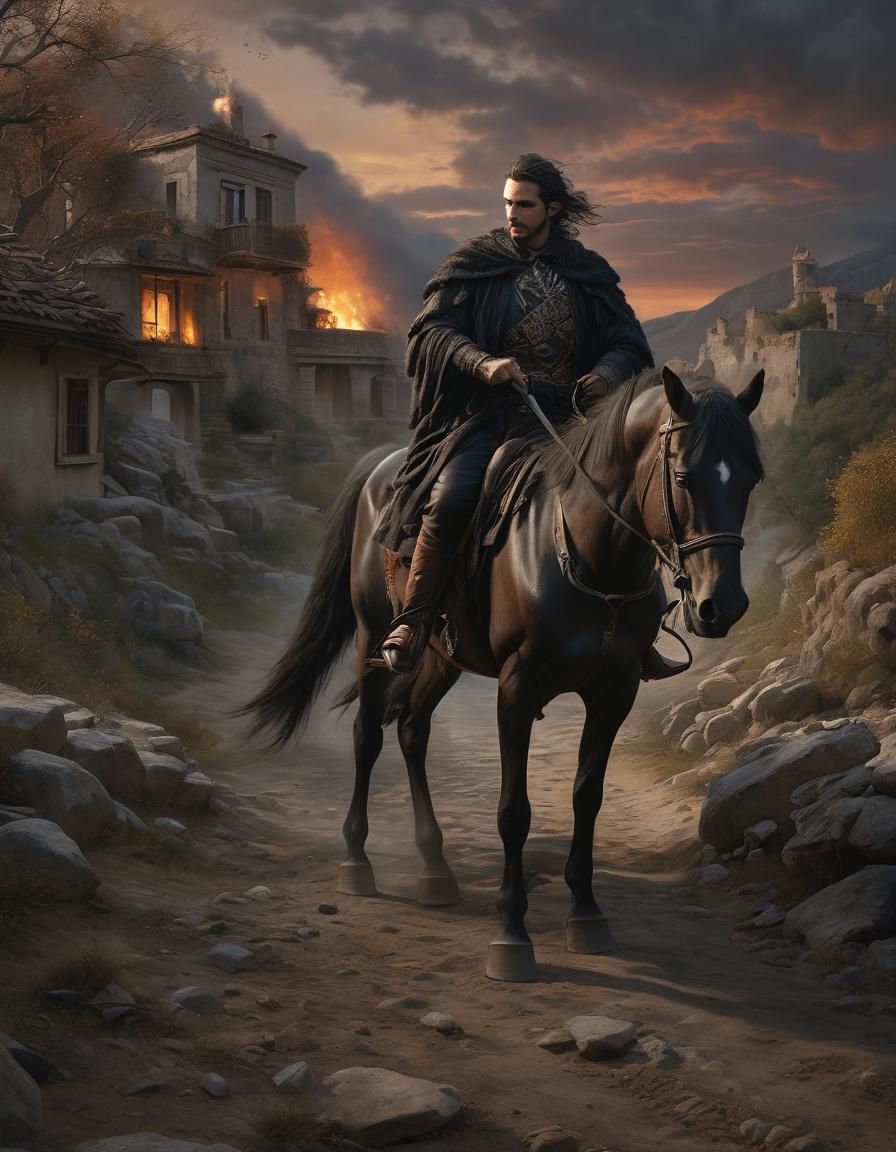 A warlock on his horse, leaving his burning home.