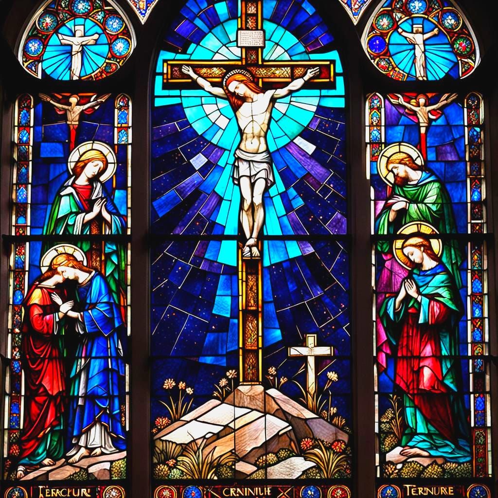 Stunning Stained Glass Depiction of Crucifixion and Irish Sa...