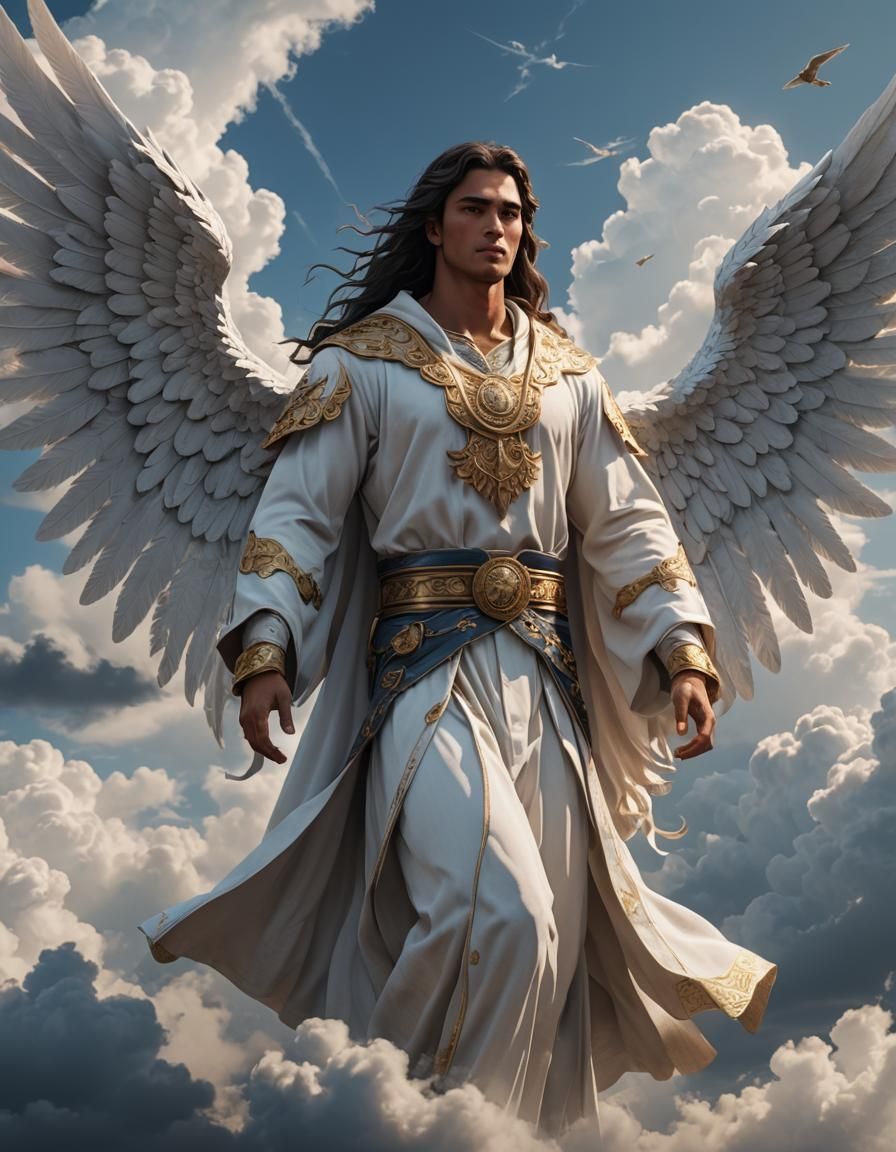 Majestic Latino Angel with Wings in Clouds