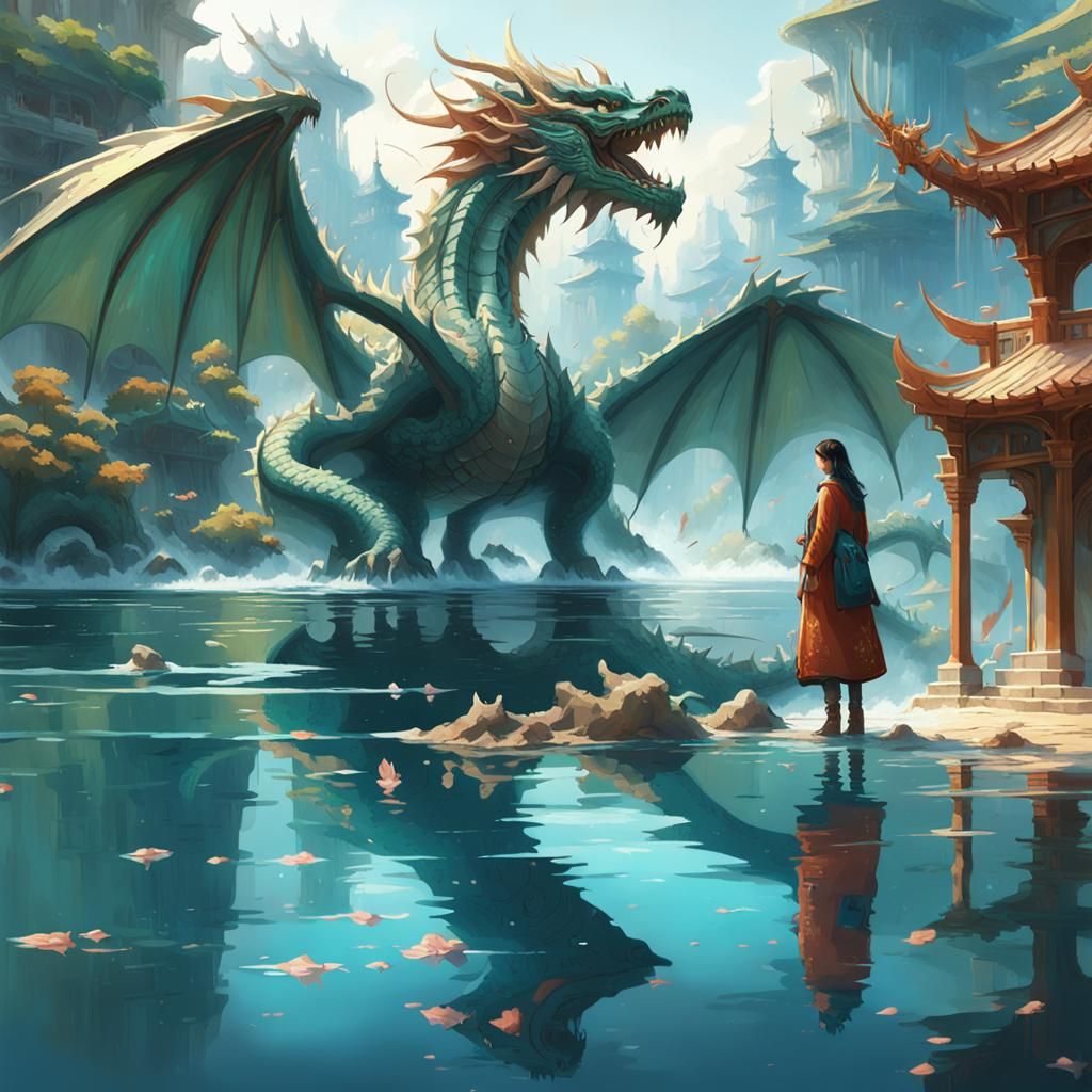 a woman is standing in the water next to a dragon, in the style of fantasy scenes, realistic detail, theo prins, magewav...