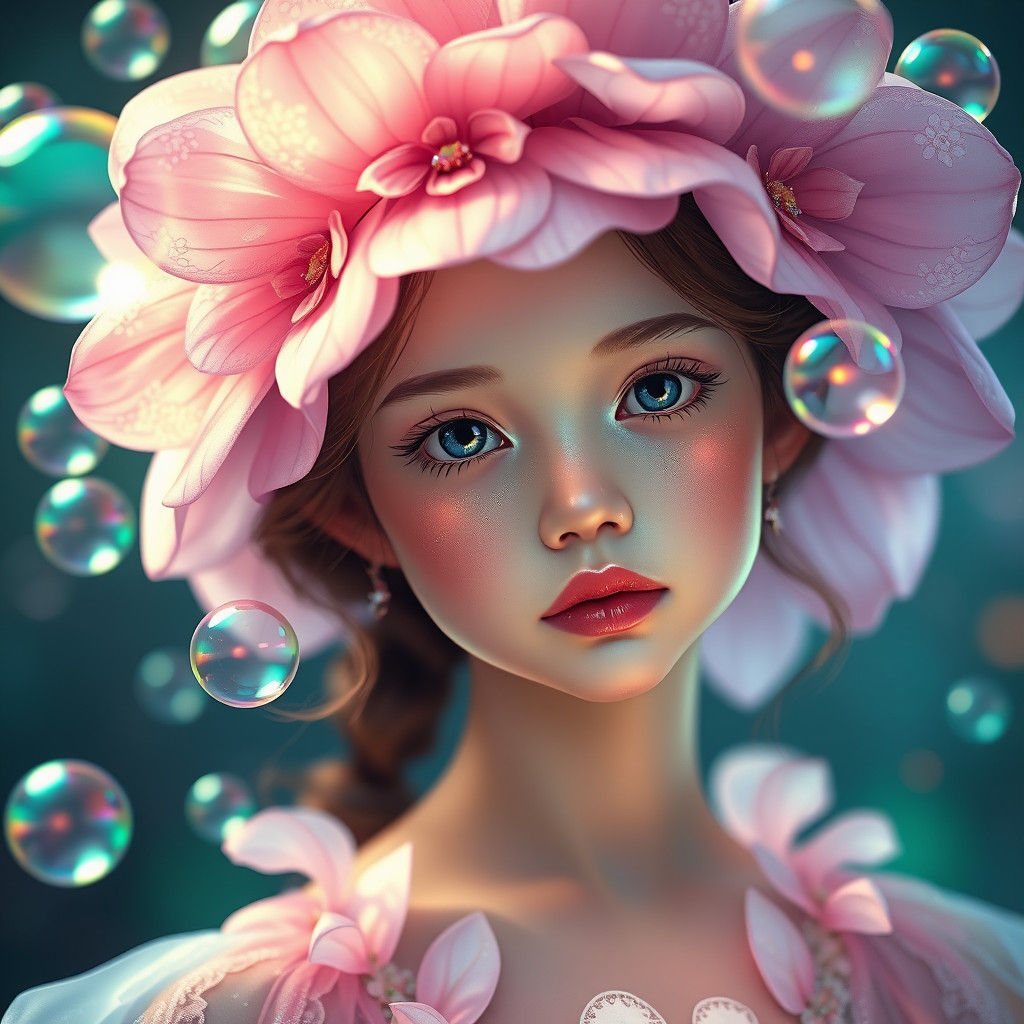 Ethereal Fantasy Flower Girl in Vibrant Art Nouveau Style
