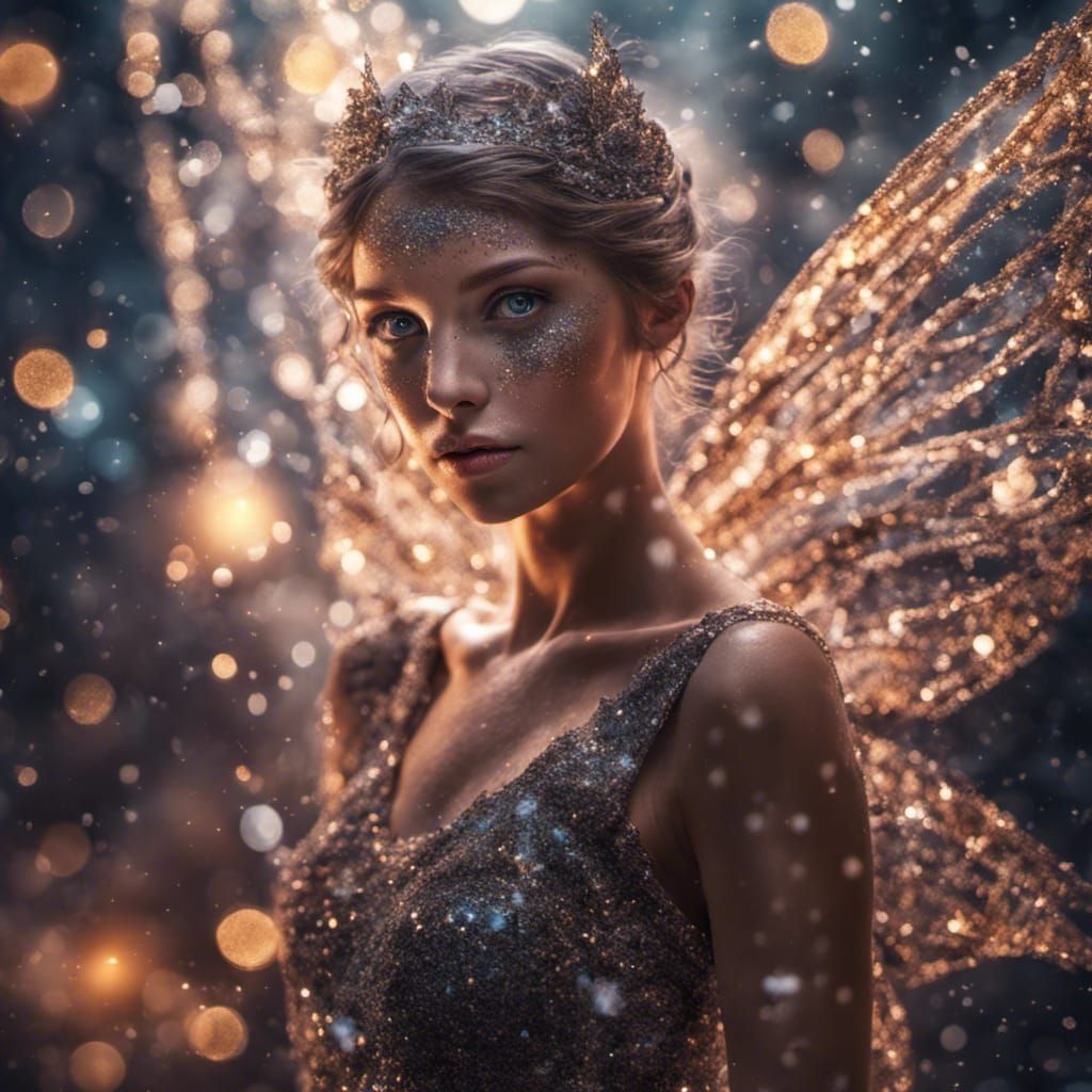 Hyperrealistic Glitter Fairy in Moody, Cinematic Lighting