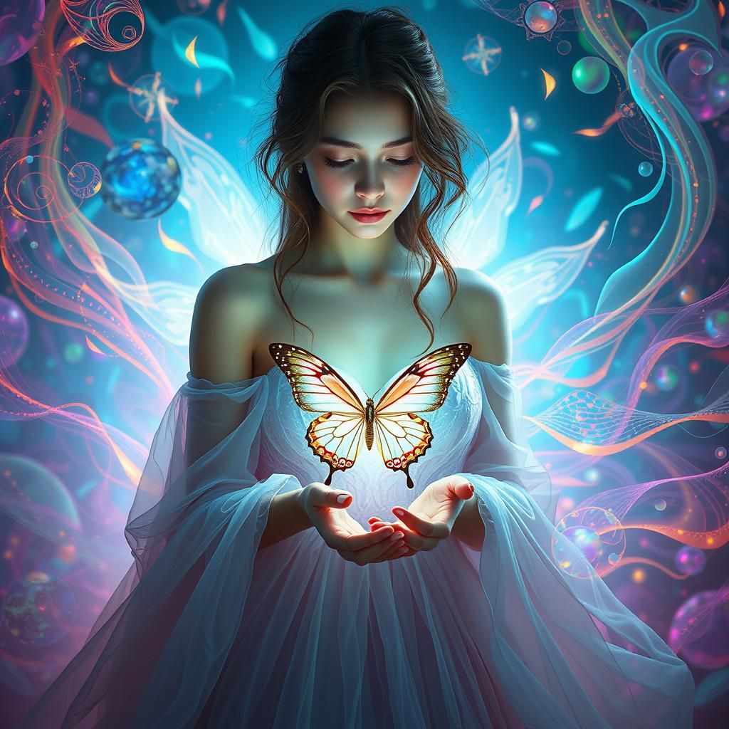 Dreamlike Goddess Enveloped in Colorful Illusions and Whispe...