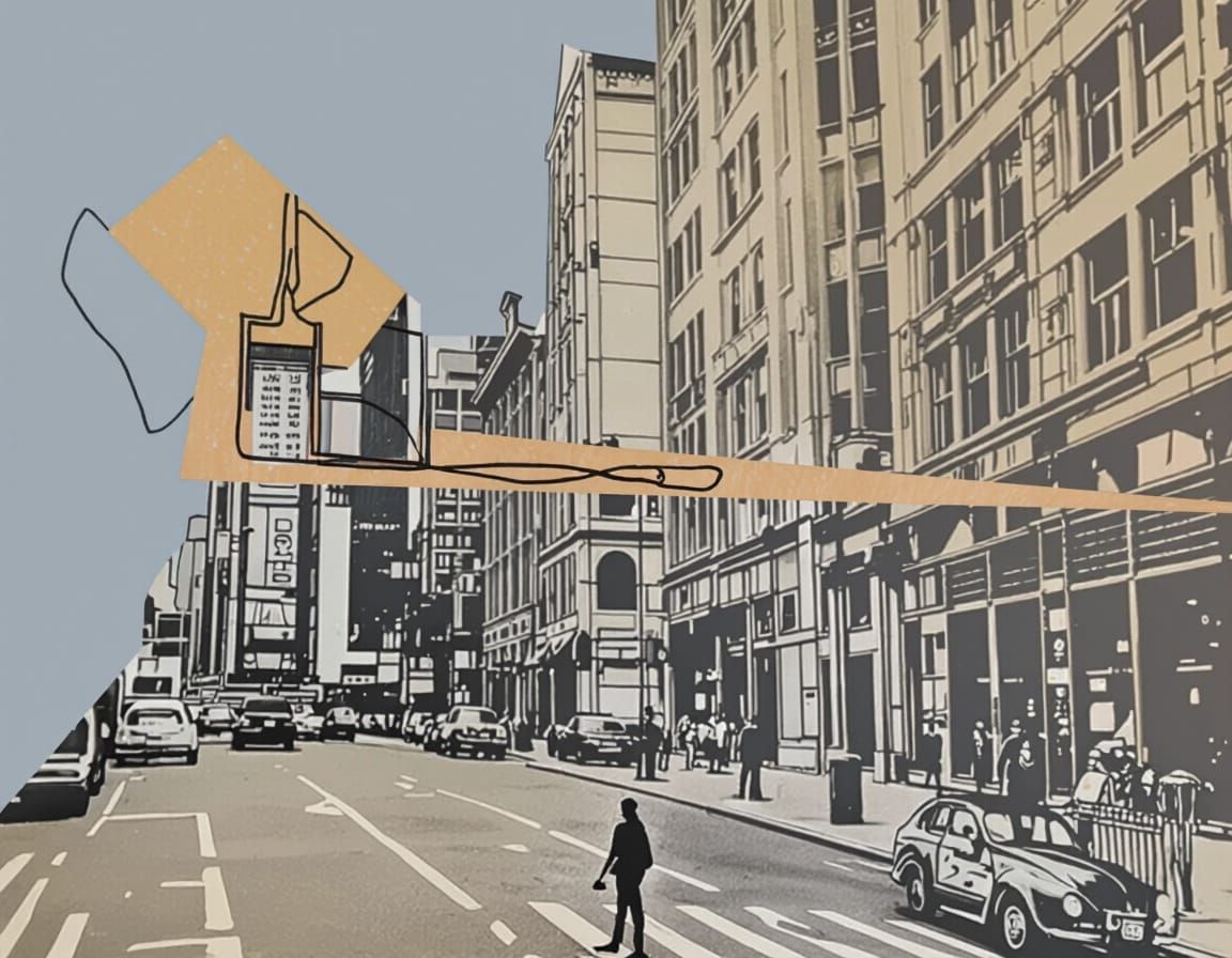 Textured Collage of City Street with Bold Line Art