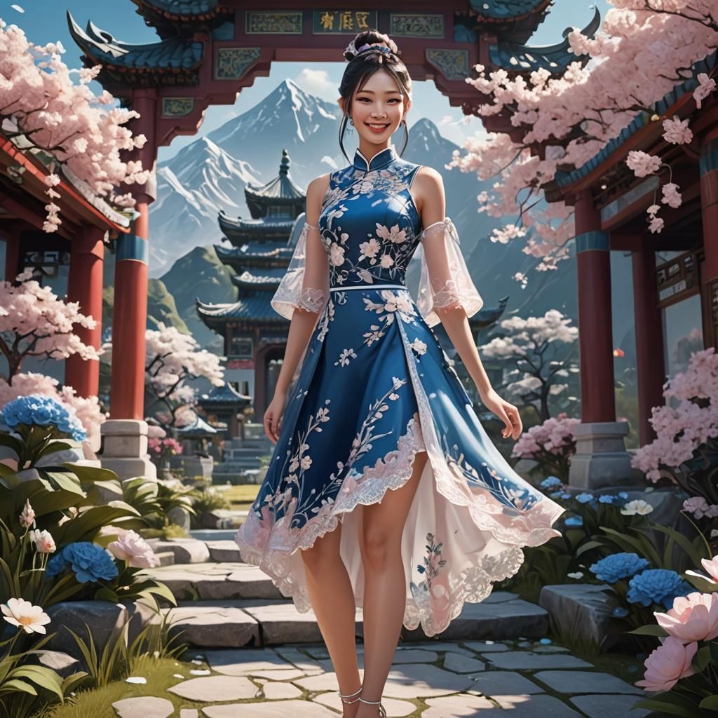 Chinese Beauty in Elegant Blue Dress with Diamond Jewelry