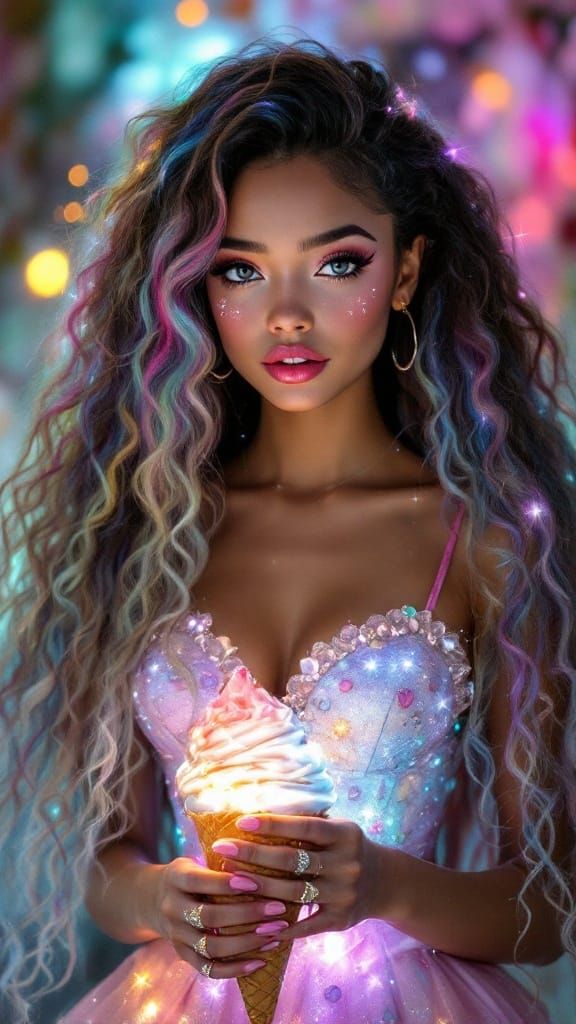 Dreamlike Goddess with Whimsical Hair and Shimmering Ice Cre...