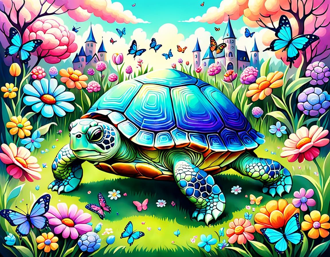 Surreal Easter Turtle in Vibrant Springtime Wonderland