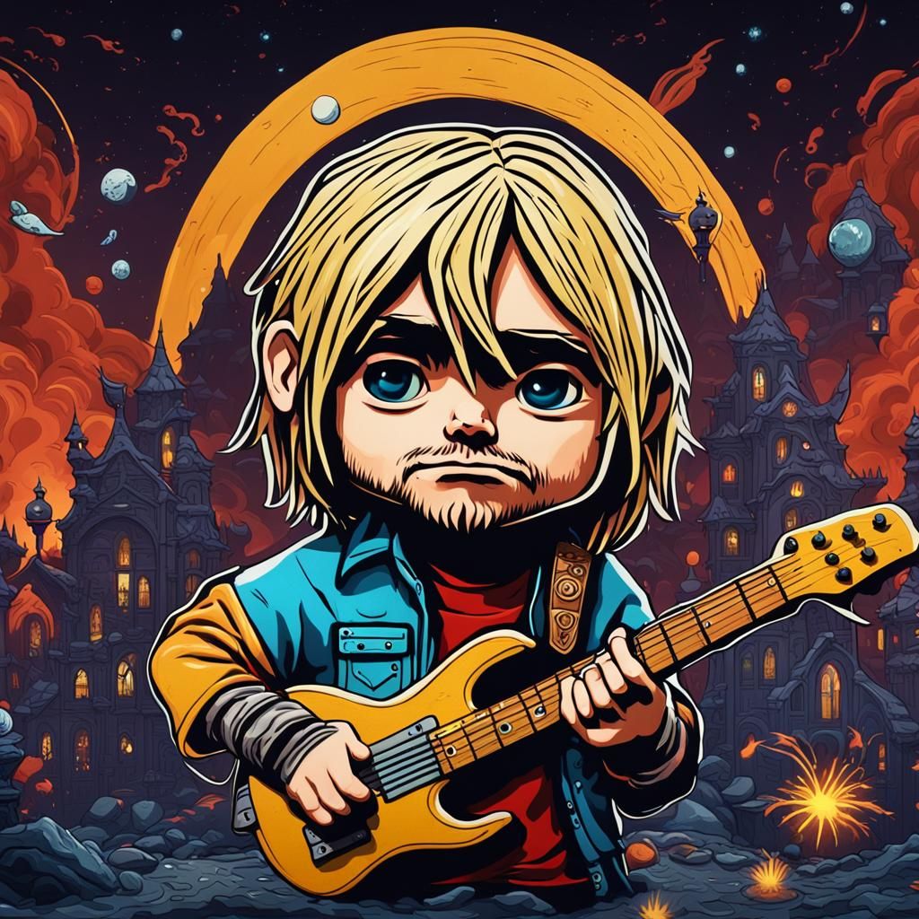 Chibi Kurt Cobain in Vibrant Fantasy World