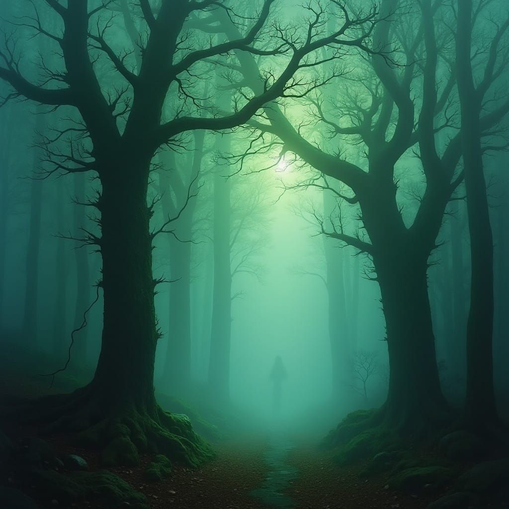 Mystical Emerald Forest in Eerie Fog